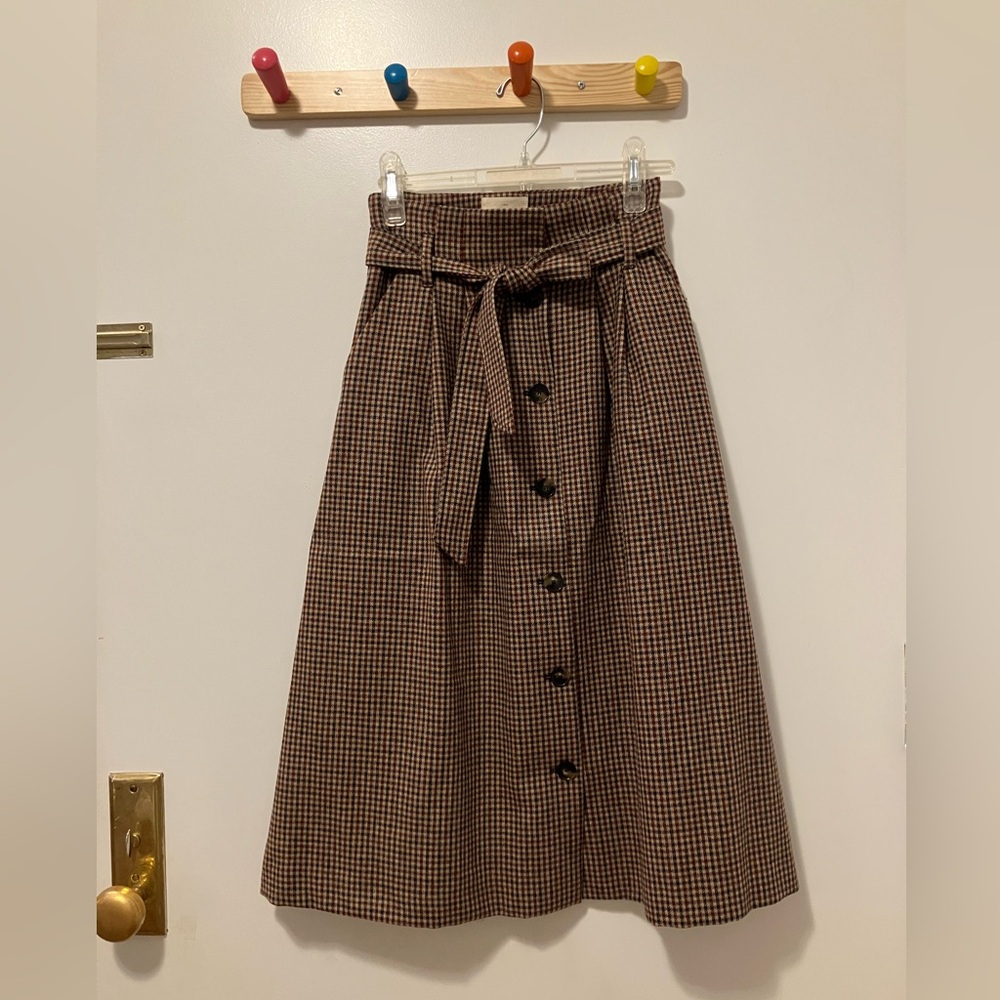 Sezane Brown Plaid Wool Midi Skirt